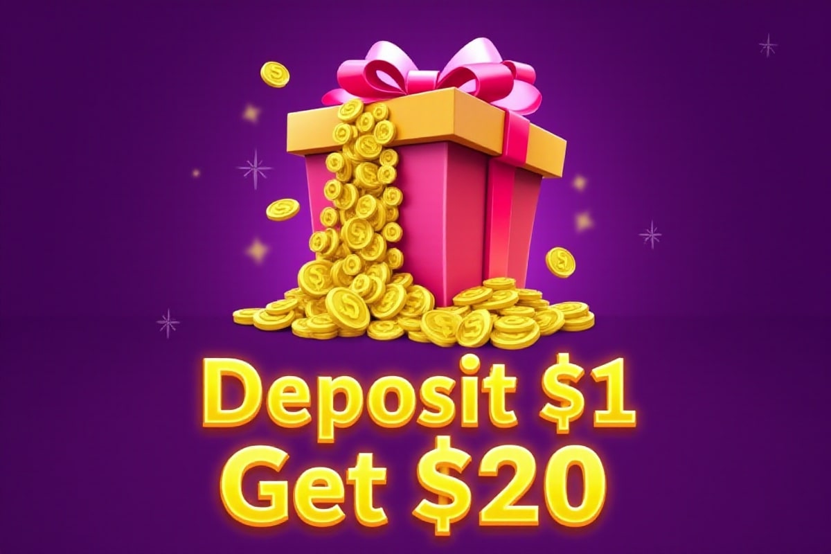 A 3D promotional graphic showing a pink and orange gift box with a large pink bow on top, overflowing with golden dollar coins against a purple background. Glowing yellow text below reads 'Deposit $1 Get $20' with sparkles in the background.