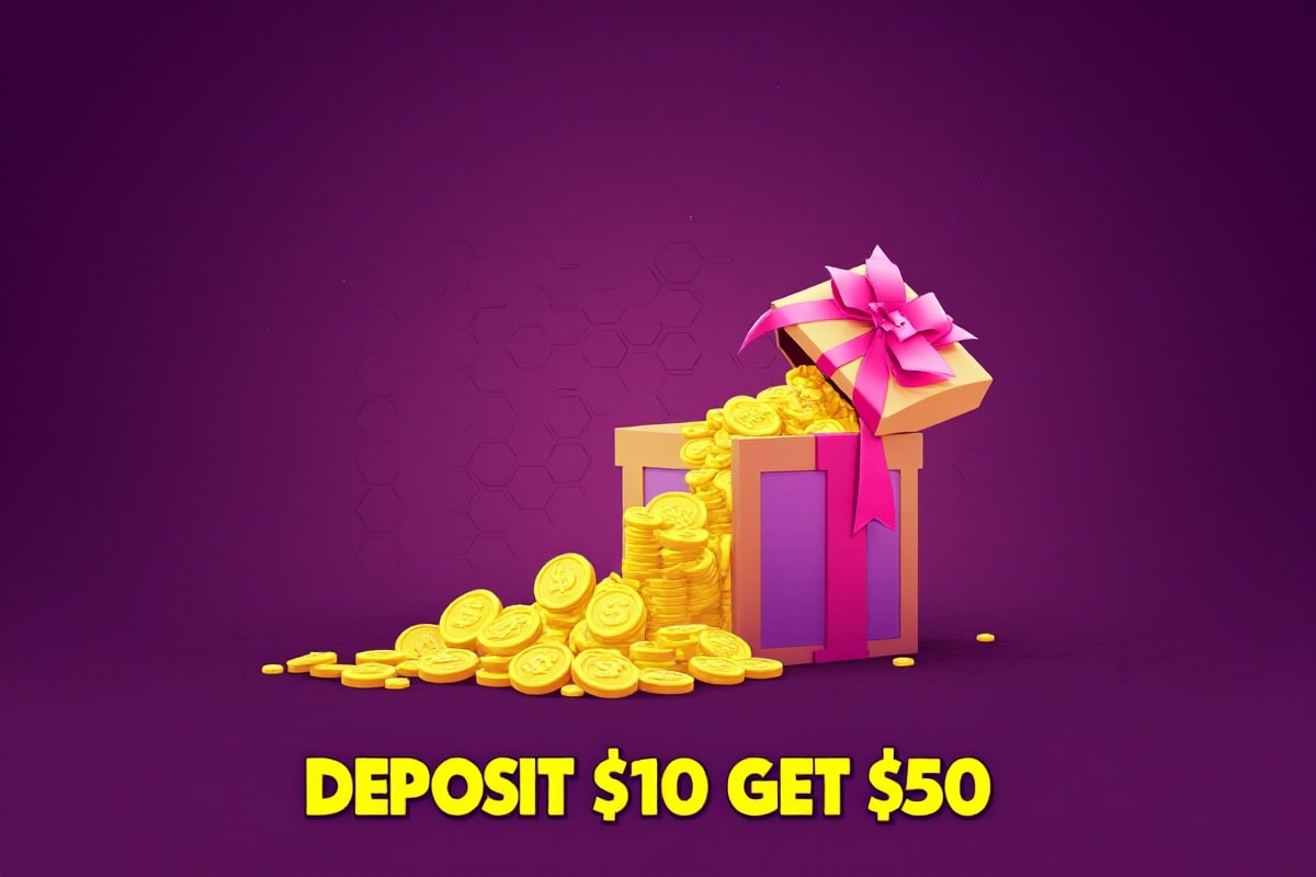 A 3D rendering of a pink and orange gift box with a decorative pink ribbon, spilling golden dollar coins onto a purple background with a subtle hexagonal pattern. Bold yellow text at the bottom states 'DEPOSIT $10 GET $50'