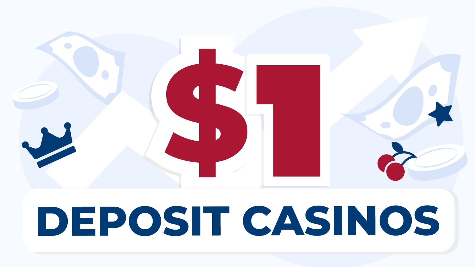 A graphic promoting "$1 Deposit Casinos" with a large red $1 symbol in the center. The background features light blue silhouettes of casino-related items like playing cards, coins, a crown, and cherries.