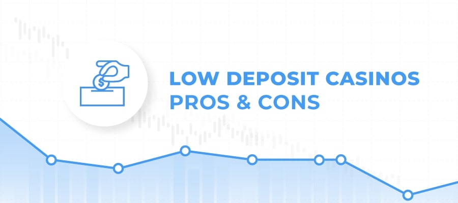 An infographic header with a light background. The title "LOW DEPOSIT CASINOS PROS & CONS" is displayed in blue text. To the left is a circular icon containing a simplified illustration of a hand depositing a coin. Below the header is a partial view of a graph line, indicating financial or statistical data related to low deposit casinos.