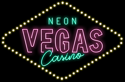 A neon sign in the shape of a diamond outline with yellow dots. Inside, the text "NEON VEGAS Casino" is displayed in bright neon colors - "NEON" in green, "VEGAS" in pink, and "Casino" in cursive teal lettering.