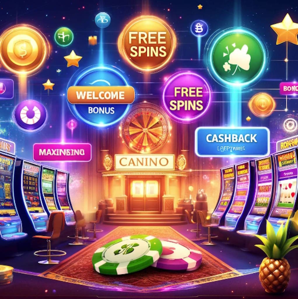 A vibrant, colorful illustration of an online casino interface. The central focus is a grand "CANINO" entrance with golden pillars. Surrounding this are various glowing orbs representing casino features like "FREE SPINS," "WELCOME BONUS," and "CASHBACK." The foreground shows slot machines and casino chips. The overall design is fantastical, with a starry background and floating elements, creating an enticing and magical atmosphere for online gambling.