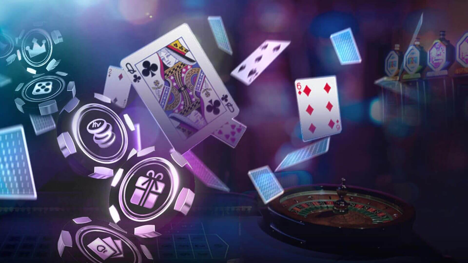 A dynamic 3D rendering of casino elements, including playing cards, poker chips with icons, and a partial view of a roulette wheel, all set against a colorful, glowing background.