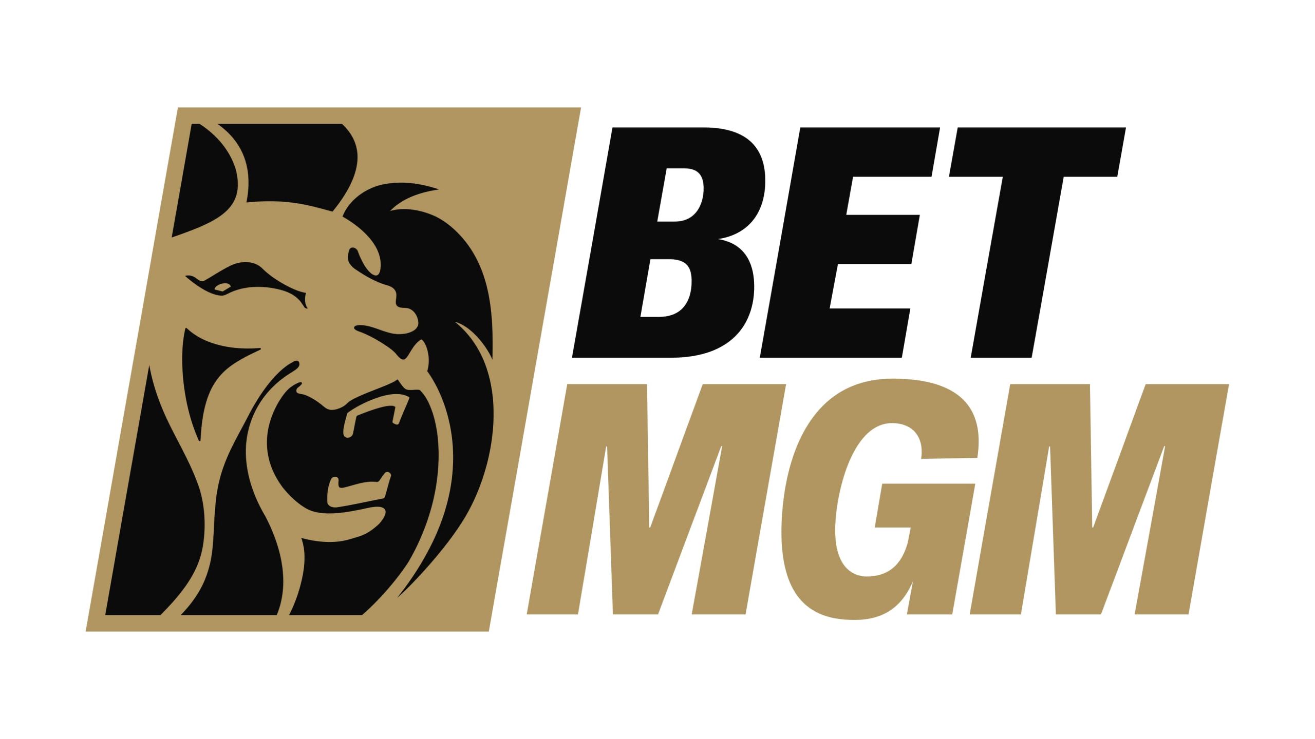 The logo for BetMGM, featuring a stylized golden lion's head roaring inside a square shape. The text "BET MGM" appears to the right in bold black and gold letters.