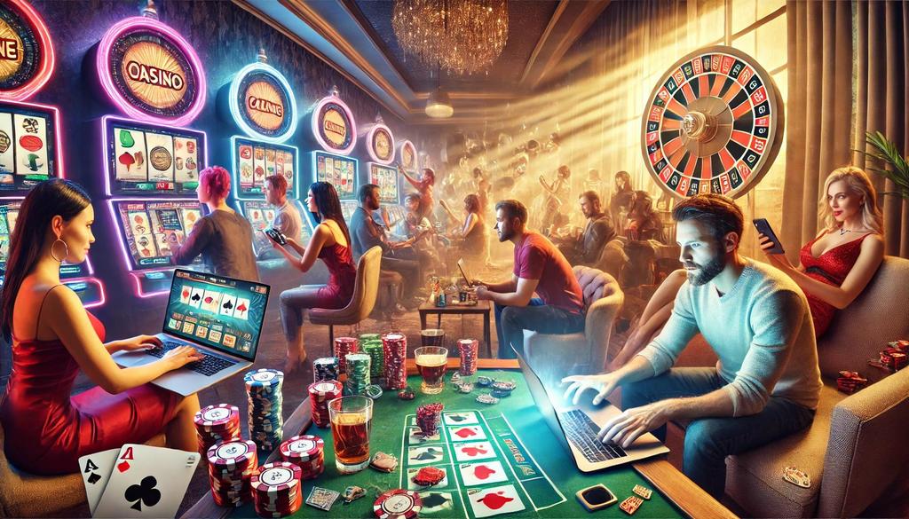 Bustling casino scene with people playing slot machines and table games. A large roulette wheel is visible, and patrons are using laptops and mobile devices for online gambling.