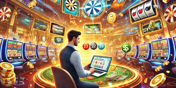 A vibrant digital illustration of a casino environment. A man in a suit sits at a central table with a laptop, surrounded by floating casino elements like slot machines, roulette wheels, playing cards, dice, and gold coins. The scene is bathed in a golden glow with various game symbols and numbers floating in the background.