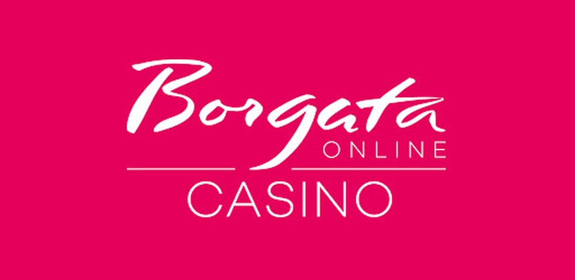 The logo for Borgata Online Casino, displayed in white cursive text on a bright pink background. The words "ONLINE CASINO" appear below in a smaller, plain font.