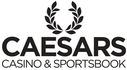 The Caesars Casino & Sportsbook logo, featuring the word "CAESARS" in large, bold black letters. Above the text is a black laurel wreath symbol. Below, in smaller text, it reads "CASINO & SPORTSBOOK".