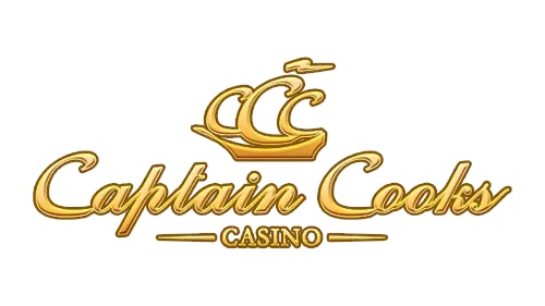 A golden logo for "Captain Cooks Casino". The text is in an elegant script font, with "Captain Cooks" more prominent. Above the text is a stylized golden ship icon, resembling a galleon or explorer's vessel. The word "CASINO" appears below in a simpler font.