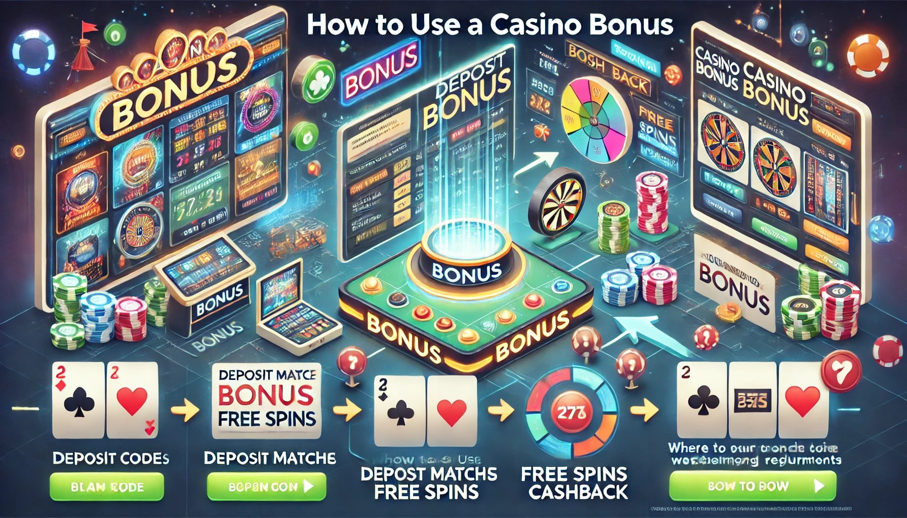 A colorful illustration titled "How to Use a Casino Bonus." It shows various casino elements such as bonus wheels, slot machines, poker chips, and cards. The flowchart-like design explains the process of using deposit bonuses and free spins.