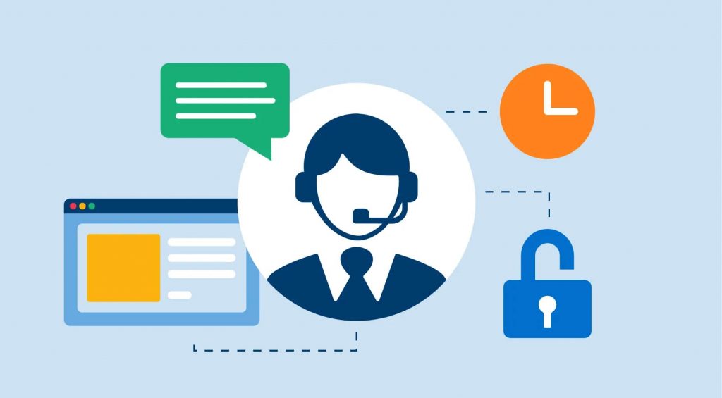 A simplified graphic representation of customer support services. It features a central icon of a person wearing a headset, surrounded by symbols for chat, time, website interface, and security. The image uses a blue and white color scheme, conveying a professional and trustworthy atmosphere.