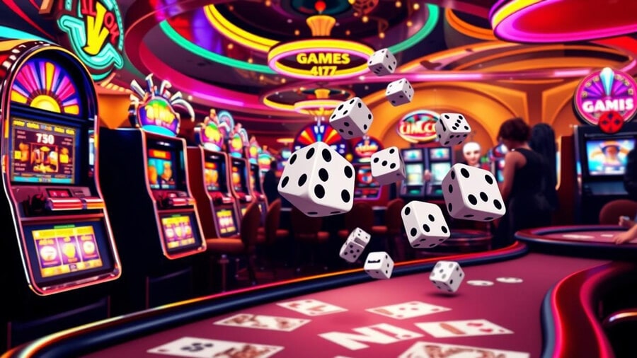 A colorful 3D rendering of a casino interior. Slot machines line the sides of the image, while floating dice dominate the center. The ceiling is adorned with neon lights and signs reading "GAMES." The overall scene is vibrant and dynamic, with a mix of purples, pinks, and oranges creating an exciting atmosphere.