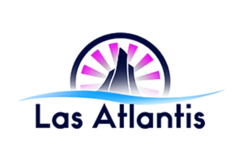 Logo for "Las Atlantis" featuring a stylized mountain or rock formation in dark blue, surrounded by pink radiating lines, all enclosed in a circular border. Below the image is the text "Las Atlantis" in a navy blue, serif font. A light blue wavy line runs underneath, suggesting water.