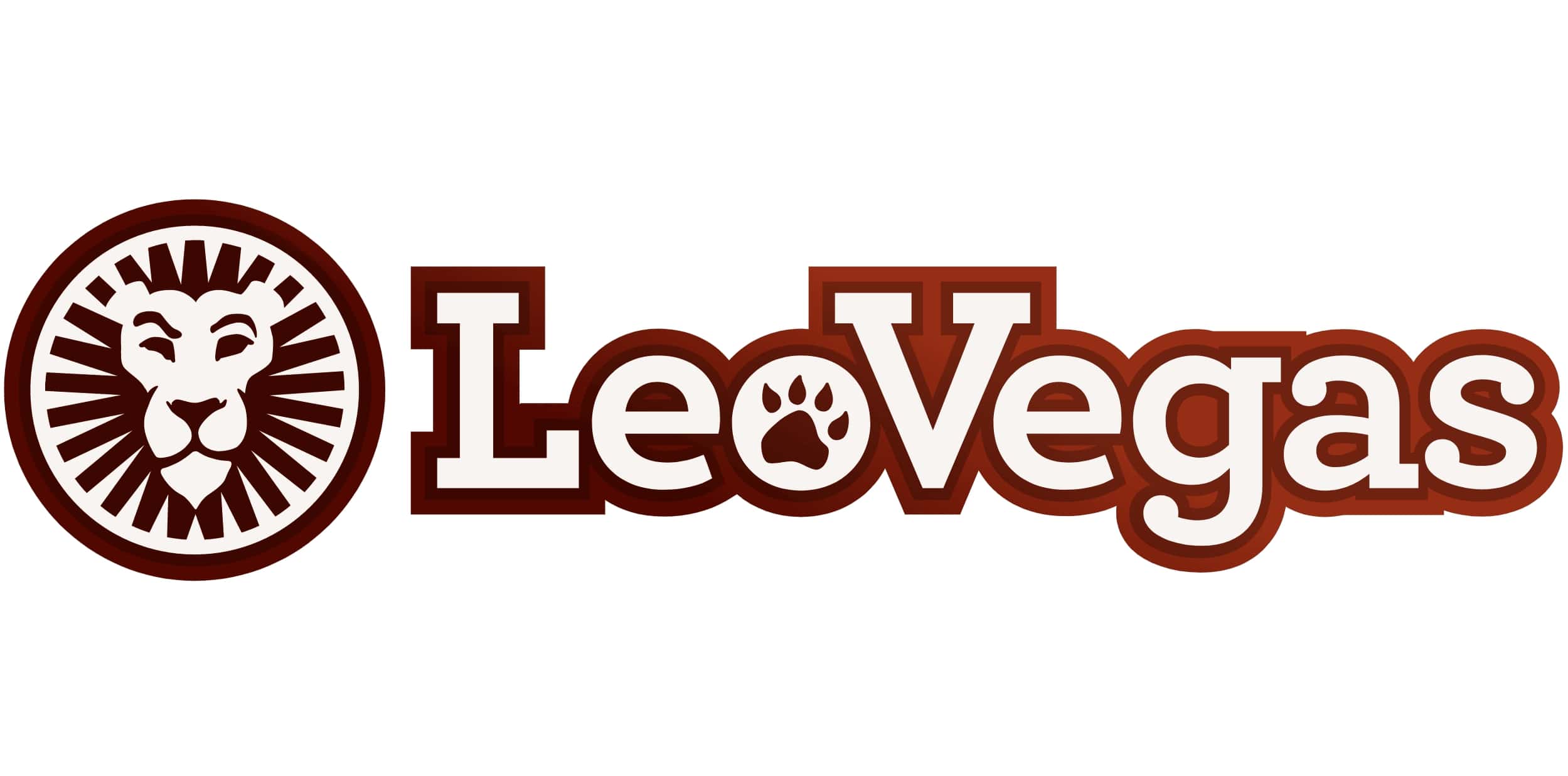 The logo for "LeoVegas" online casino. It features a stylized lion's head in a circular emblem to the left of the text "LeoVegas" in a bold, reddish-brown font. The "o" in "Leo" is replaced with a paw print.