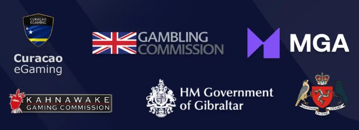 A collection of logos for various gambling regulatory bodies and commissions. The logos include:
Curacao eGaming
UK Gambling Commission
MGA (Malta Gaming Authority)
Kahnawake Gaming Commission
HM Government of Gibraltar
A coat of arms with a bird, likely representing another gambling authority
The logos are displayed on a dark blue background, giving the image an official and authoritative appearance.