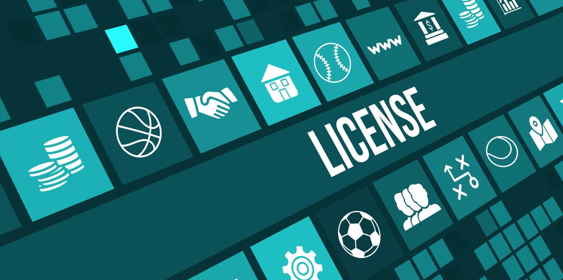 A digital graphic featuring various icons related to licensing and sports betting. The word "LICENSE" is prominently displayed in white text. Surrounding it are teal-colored squares containing icons for sports (basketball, baseball, soccer), money, handshakes, buildings, and other symbols associated with business and gambling.