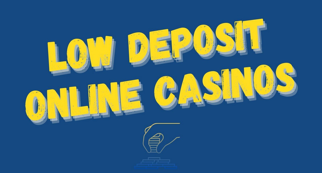 A graphic with a blue background featuring large yellow text that reads "LOW DEPOSIT ONLINE CASINOS". Below the text is a simple line drawing of a hand dropping a coin into a slot, suggesting the concept of making a casino deposit.