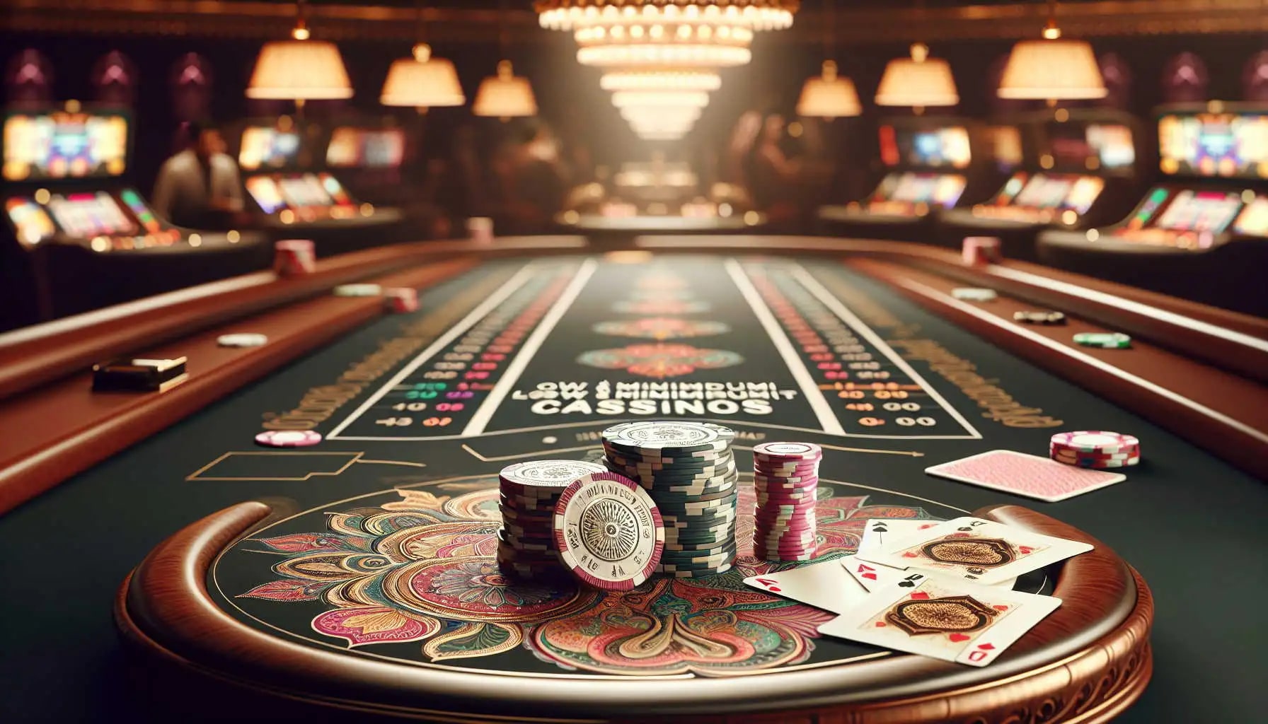 A close-up view of a casino craps table. The green felt surface features betting areas and game rules. In the foreground, stacks of casino chips and playing cards are arranged on an ornate design. The background shows blurred slot machines and hanging lamps, creating a luxurious casino atmosphere.