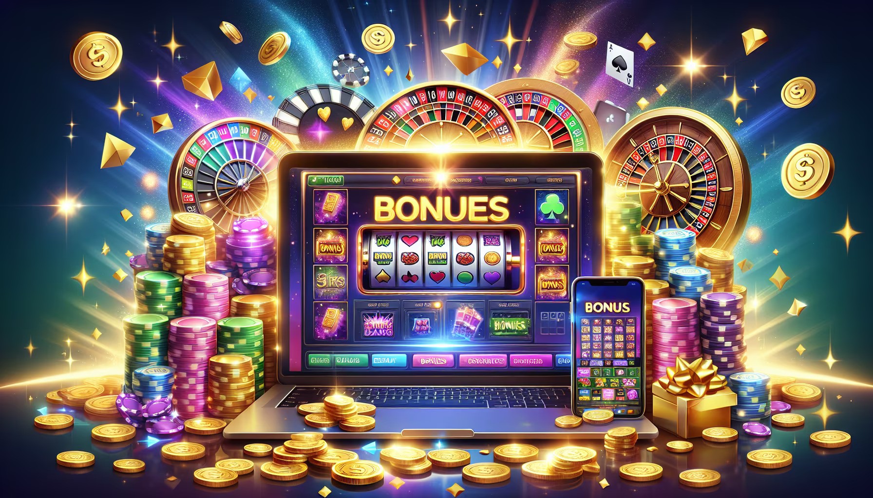 A vibrant illustration of an online casino setup with a laptop and smartphone displaying slot games labeled "Bonuses," surrounded by roulette wheels, poker chips, dice, and piles of gold coins.