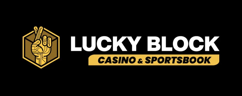 Logo for "LUCKY BLOCK CASINO & SPORTSBOOK" with a hexagonal emblem on the left containing a stylized golden hand making a "rock on" gesture. The text "LUCKY BLOCK" is in large white letters, with "CASINO & SPORTSBOOK" below in a yellow banner. The background is black, giving a sleek and professional appearance.