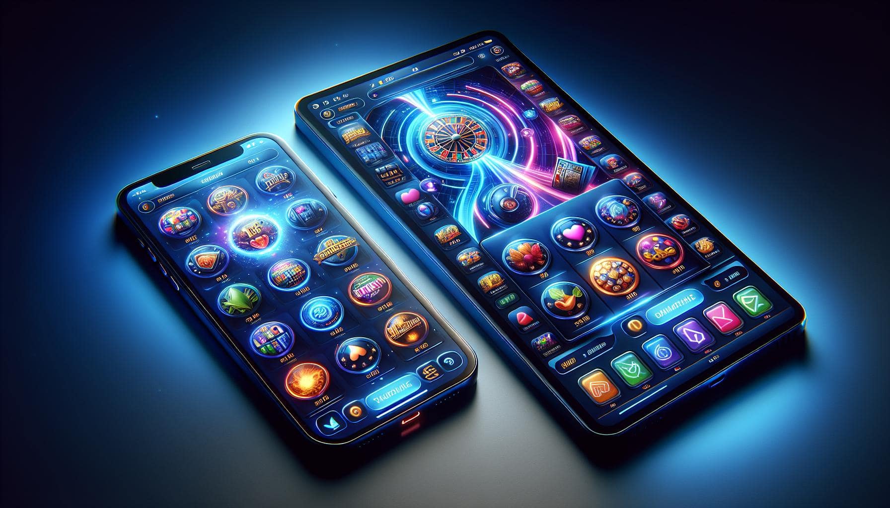 Two smartphones displaying colorful and futuristic gambling app interfaces. The screens show various casino game icons, a prominent roulette wheel, and navigation buttons. The devices emit a blue glow against a dark background, creating a high-tech and immersive visual effect.