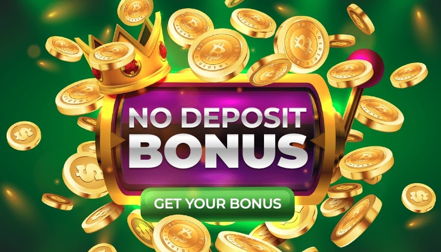 Casino promotional image for "No Deposit Bonus" with gold coins, a crown, and a purple banner. Text reads "GET YOUR BONUS" on a green button.