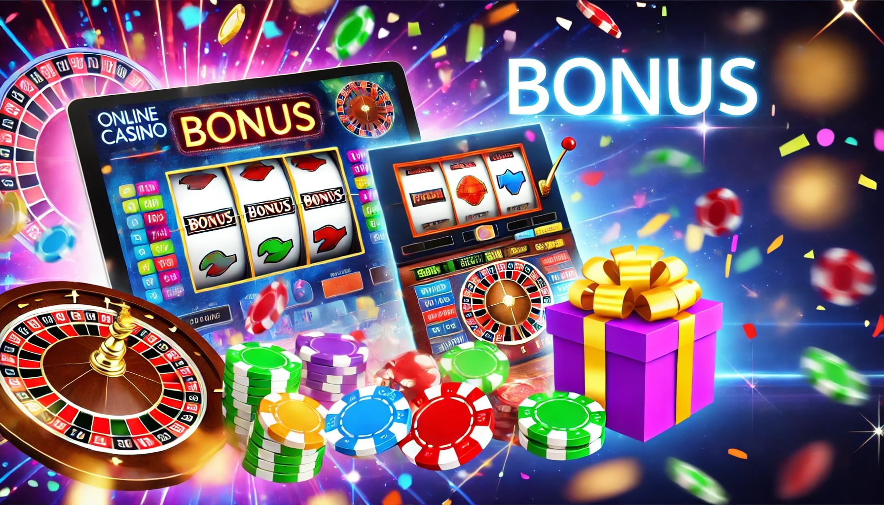 A vibrant casino scene featuring slot machines, a roulette wheel, poker chips, and a gift box. The word "BONUS" is prominently displayed in bright letters.