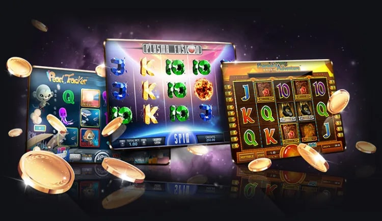 A vibrant display of online slot machine games, featuring colorful graphics, game symbols, and floating gold coins against a purple cosmic background.