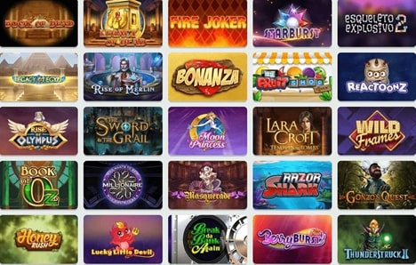 A grid of various online slot game icons, each displaying different themes and titles like "Fire Joker," "Starburst," and "Lara Croft."