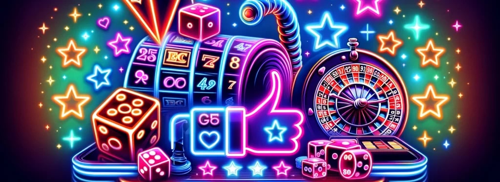 Vibrant neon illustration of casino games and symbols including slot machine reels, dice, roulette wheel, and colorful stars against a dark background. A glowing thumbs-up icon is prominently featured.