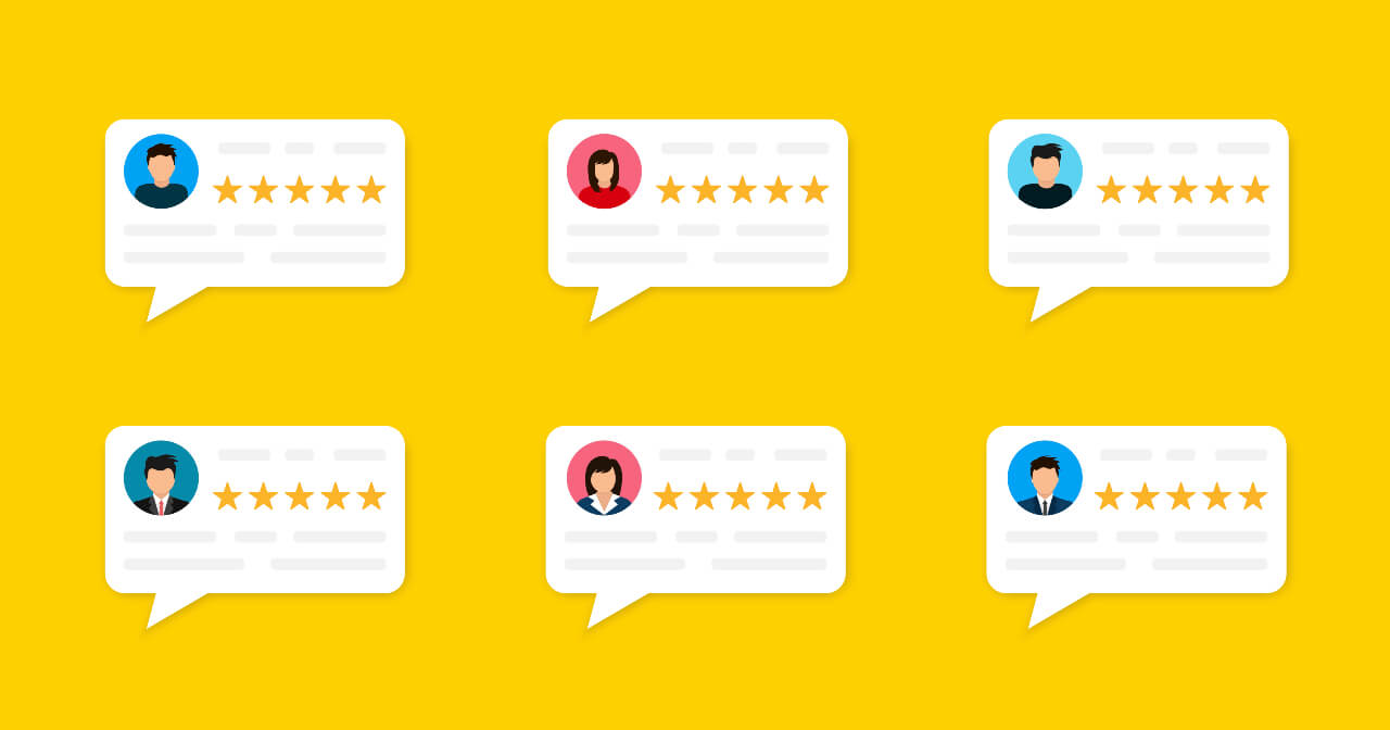 A set of six customer review cards on a bright yellow background. Each card contains a user profile icon, five gold stars indicating a perfect rating, and space for review text. The profile icons alternate between blue for male users and pink for female users, suggesting gender diversity among reviewers. The layout is clean and organized, emphasizing the consistently high ratings across all reviews.