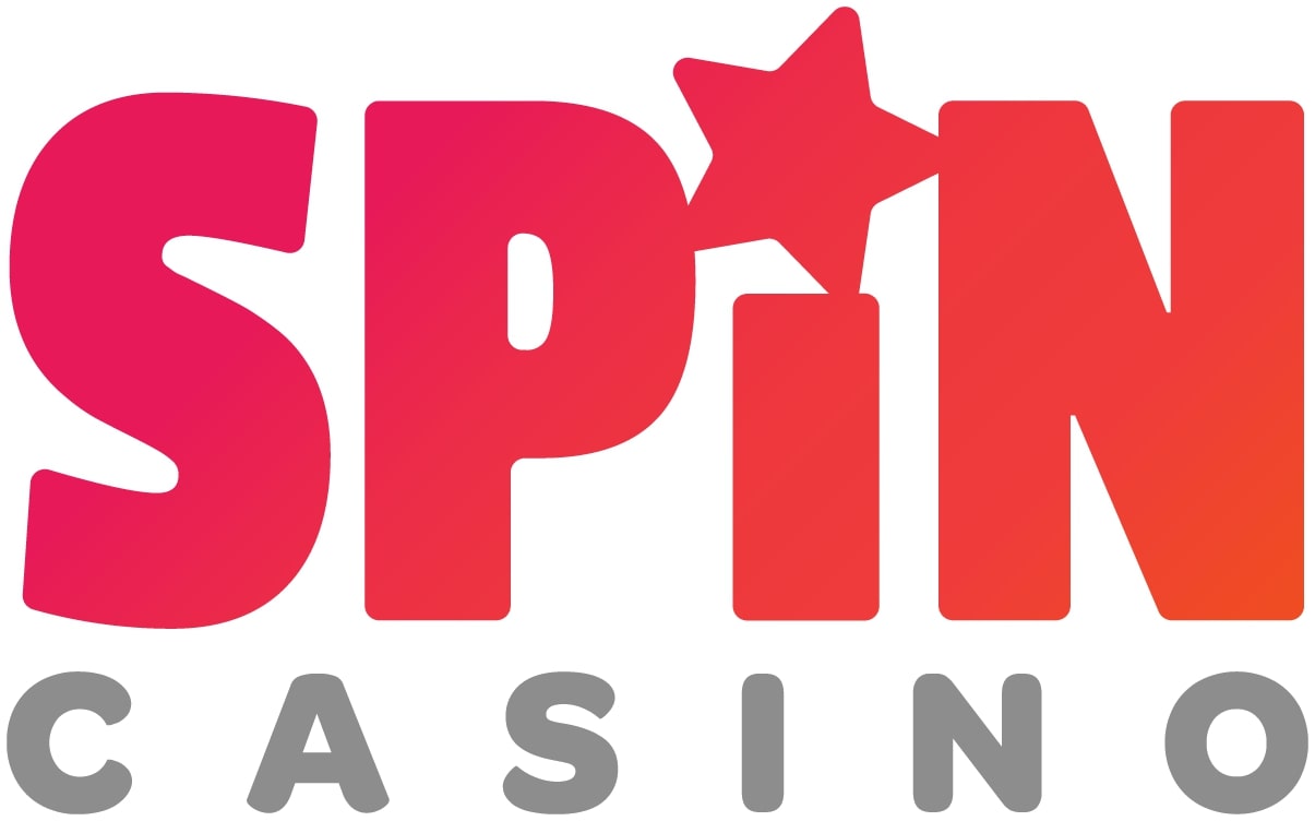 The word "SPIN" in large, bold red letters with a gradient effect. A small star icon is incorporated into the "I". Below, the word "CASINO" is written in smaller gray capital letters. The overall design is simple and eye-catching.