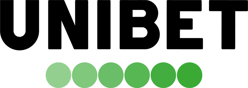 Unibet logo in bold black capital letters with a row of six green circles underneath, ranging from light to dark green.