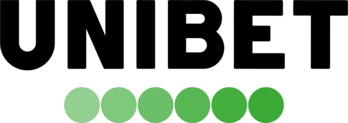 Unibet logo in bold black capital letters with a row of six green circles underneath, ranging from light to dark green.